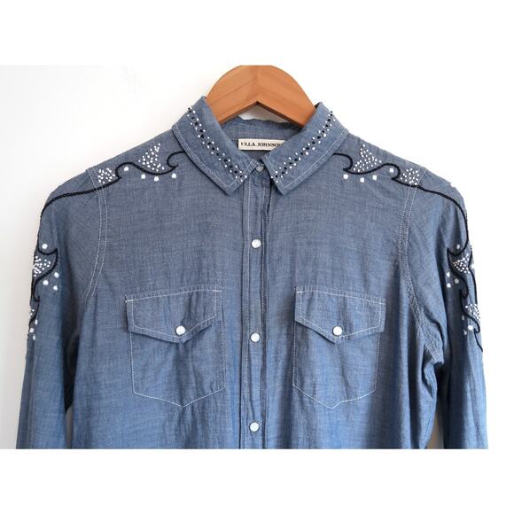 ULLA JOHNSON Willie Chambray Embroidered Western Snap Front Shirt Top 0 XS $230 - Picture 4 of 13